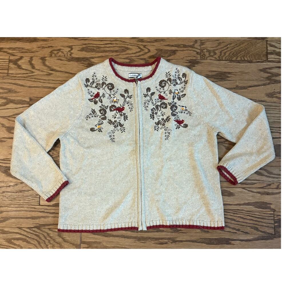 Croft & Barrow Petite L Zip Cardigan Beige Embroidered Birds Floral Ramie Blend